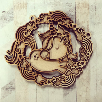OL2728 - MDF Unicorn doodle rainbows and clouds  hanging Bauble - Olifantjie - Wooden - MDF - Lasercut - Blank - Craft - Kit - Mixed Media - UK