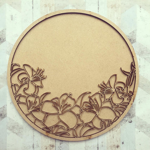 OL1020 - MDF Circle Plaque - Lily Theme - Olifantjie - Wooden - MDF - Lasercut - Blank - Craft - Kit - Mixed Media - UK