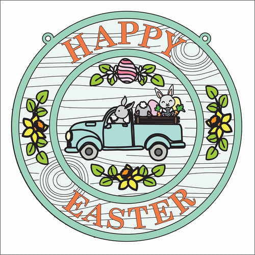 OL2827 - MDF Easter Doodles Farmhouse Framed Circle  Plaque - Your wording - Easter Bunny co - Olifantjie - Wooden - MDF - Lasercut - Blank - Craft - Kit - Mixed Media - UK