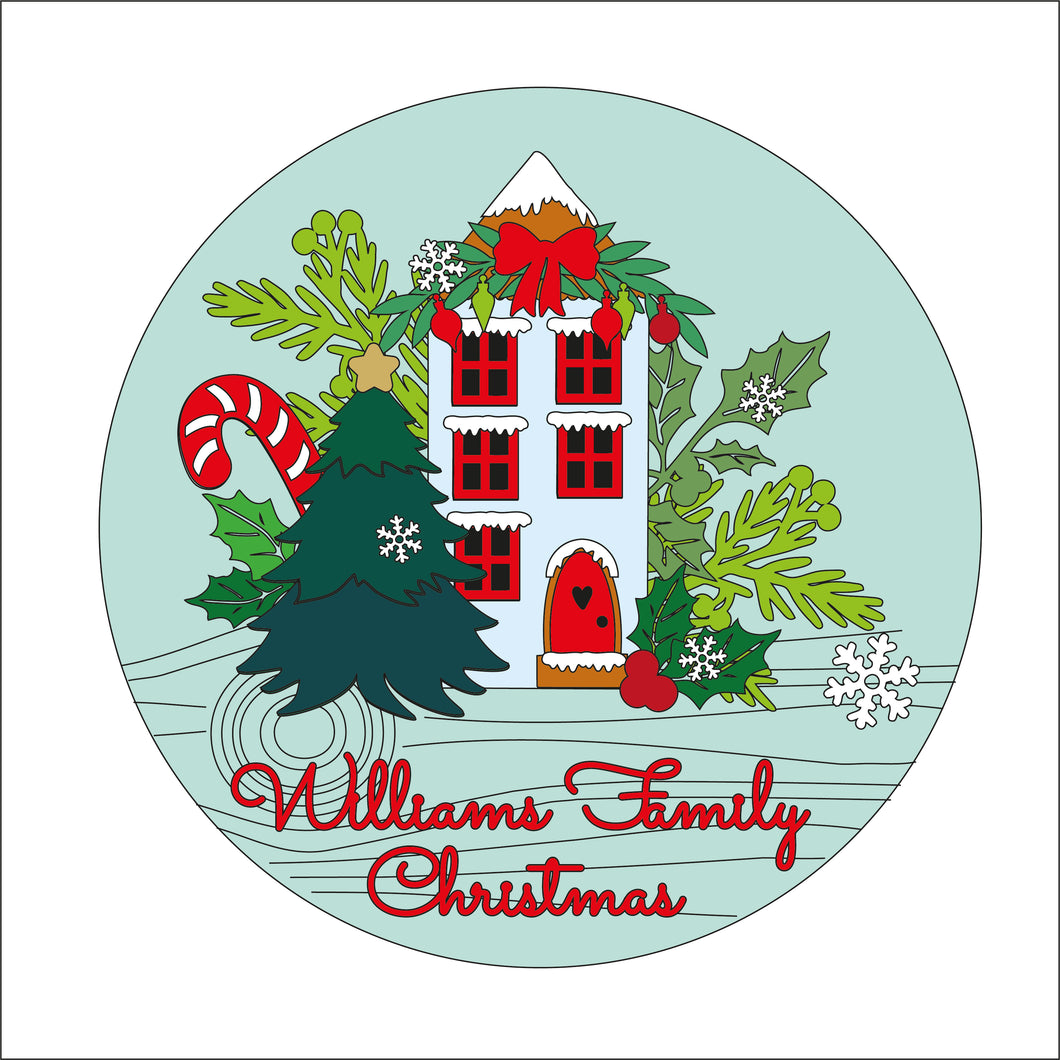 OL2562 - MDF Christmas Farmhouse Circle  Plaque - Your wording - Tall House - Olifantjie - Wooden - MDF - Lasercut - Blank - Craft - Kit - Mixed Media - UK