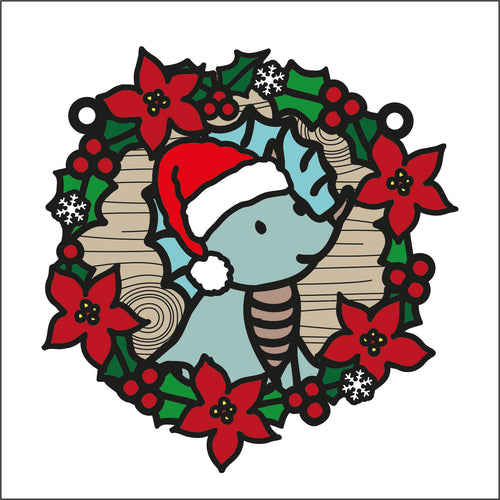 OL2751 - MDF Christmas Dinosaur 2 doodle Large Holly Wreath Plaque - Olifantjie - Wooden - MDF - Lasercut - Blank - Craft - Kit - Mixed Media - UK