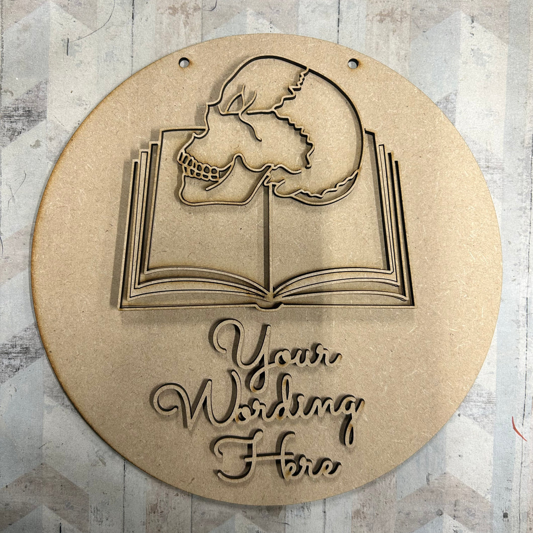 OL3038 - MDF Skull Book Plaque - Your wording - Olifantjie - Wooden - MDF - Lasercut - Blank - Craft - Kit - Mixed Media - UK