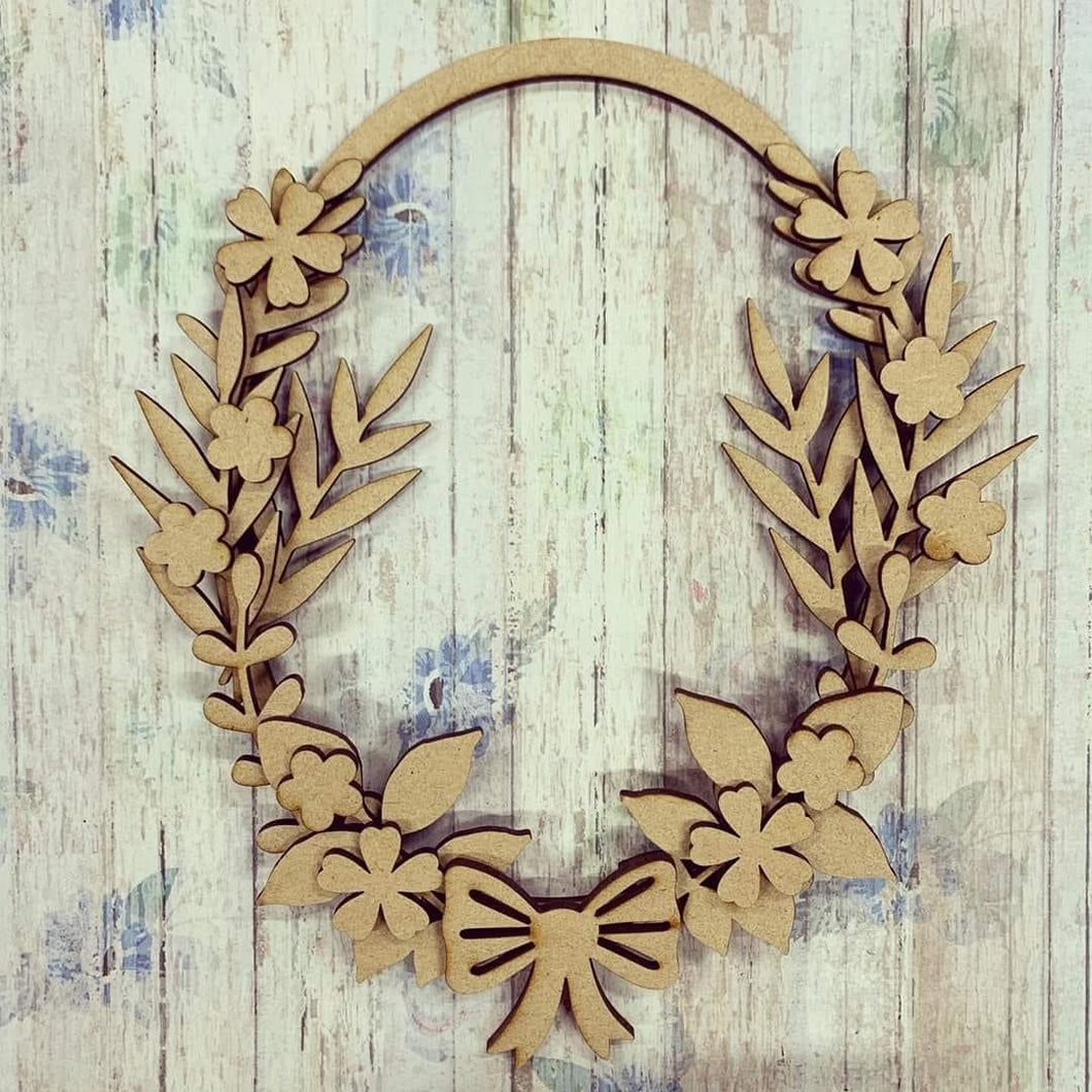 W058 - MDF Foliage Wreath with one Name  or initials - Olifantjie - Wooden - MDF - Lasercut - Blank - Craft - Kit - Mixed Media - UK