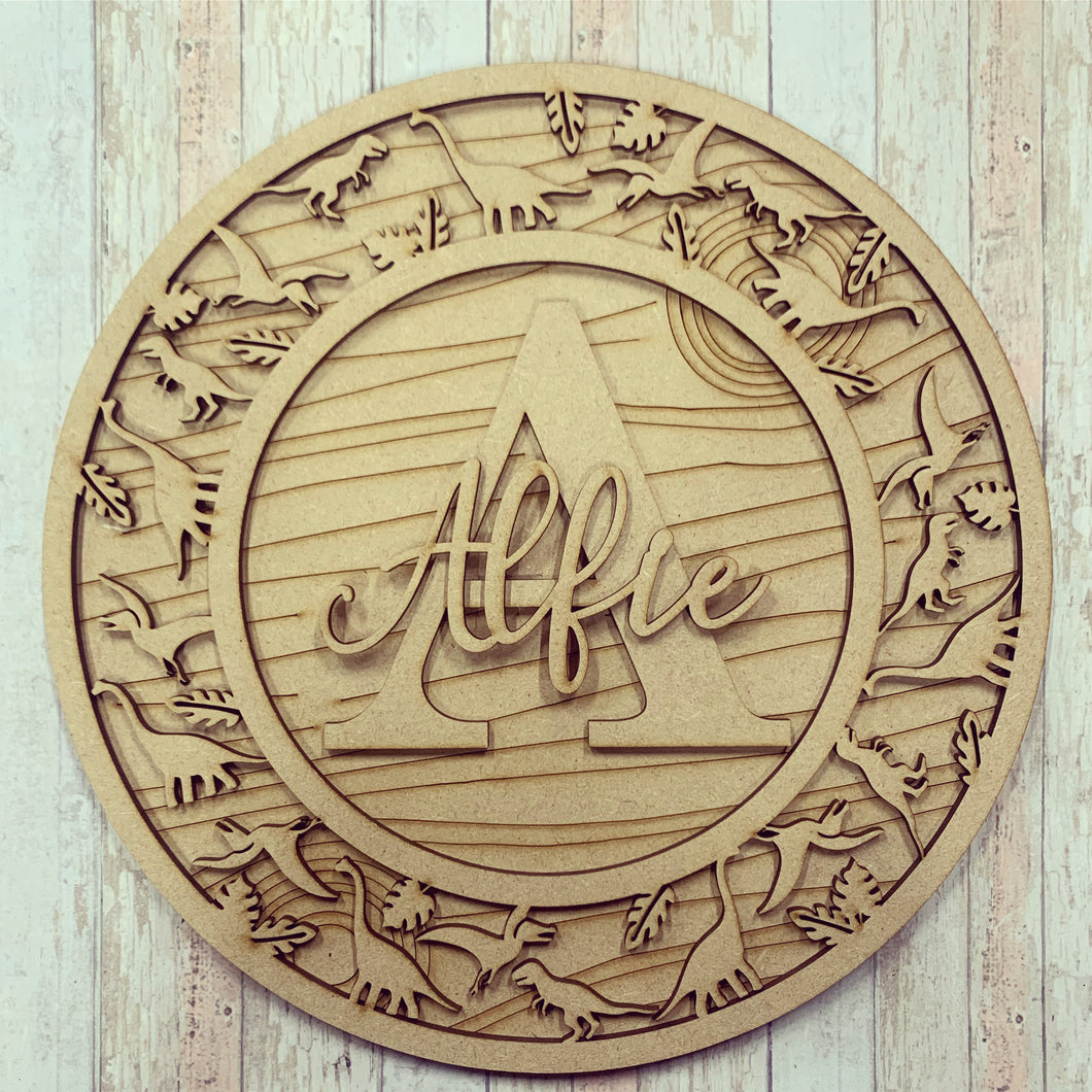 OL466 -MDF Personalised Circle Plaque Frame - Dinosaur Theme - Olifantjie - Wooden - MDF - Lasercut - Blank - Craft - Kit - Mixed Media - UK