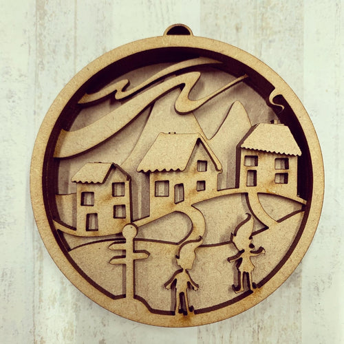 SJ266 - MDF Sarah Jane Multi Layered Elf / Elves Village Scene - Bauble Hanging Decoration - Olifantjie - Wooden - MDF - Lasercut - Blank - Craft - Kit - Mixed Media - UK