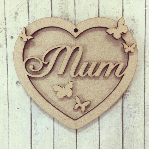 HB002 - MDF Hanging Heart - Butterfly Themed with Choice of Wording - 2 Fonts - Olifantjie - Wooden - MDF - Lasercut - Blank - Craft - Kit - Mixed Media - UK