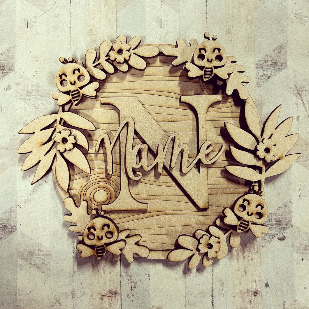 W079 - MDF Bee wreath with one Name  or initials - Olifantjie - Wooden - MDF - Lasercut - Blank - Craft - Kit - Mixed Media - UK
