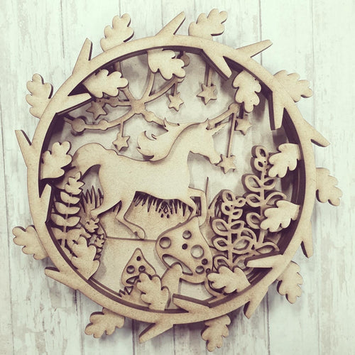 OL578- MDF Layered Woodland Unicorn Plaque - Olifantjie - Wooden - MDF - Lasercut - Blank - Craft - Kit - Mixed Media - UK