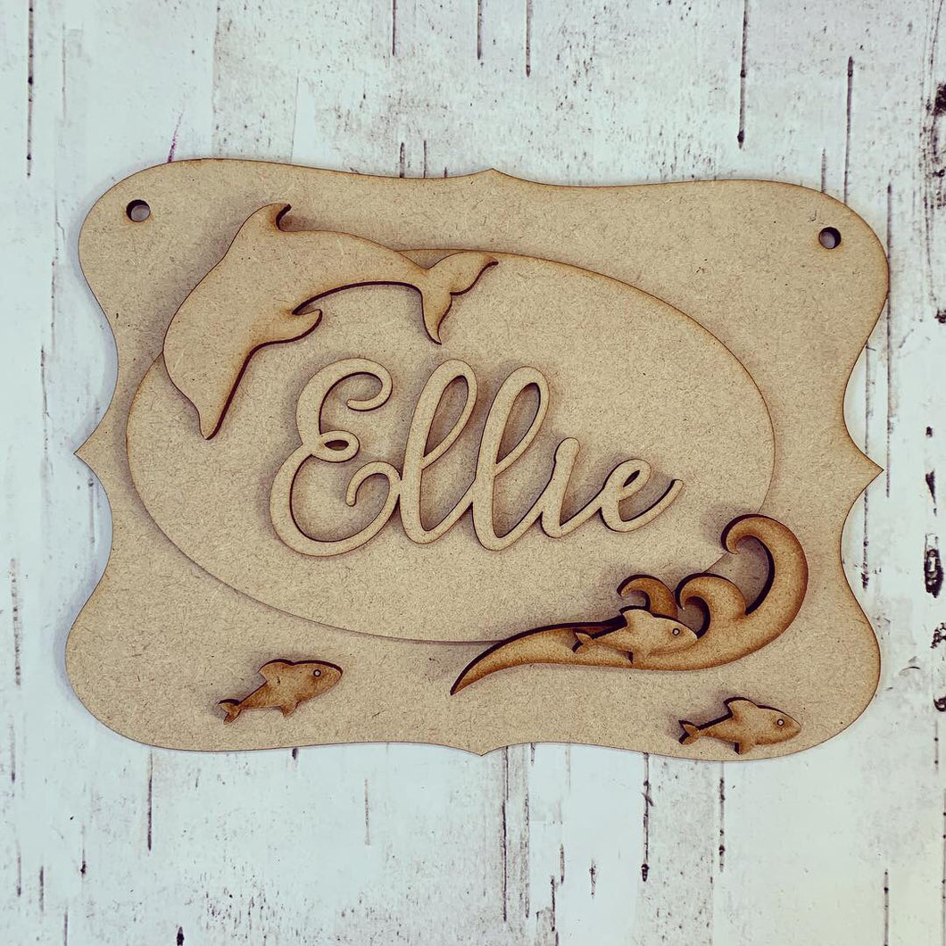 OP051 - MDF Dolphin Themed Personalised Plaque - Olifantjie - Wooden - MDF - Lasercut - Blank - Craft - Kit - Mixed Media - UK