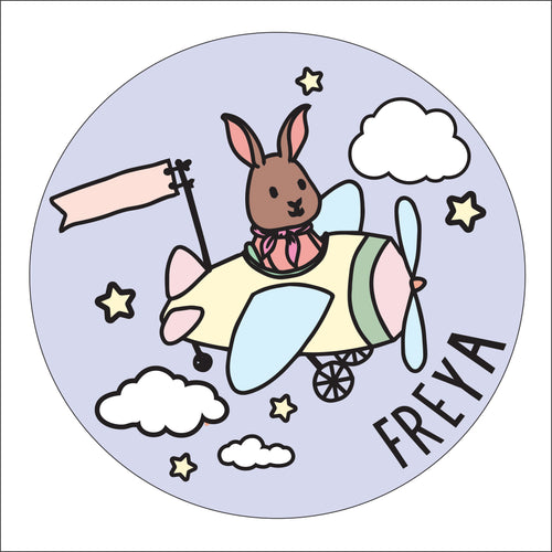 OL2872 - MDF Cute Animal  Doodles - Round  Scene Personalised Layered Plaque - Aeroplane Bunny Scarf - Olifantjie - Wooden - MDF - Lasercut - Blank - Craft - Kit - Mixed Media - UK