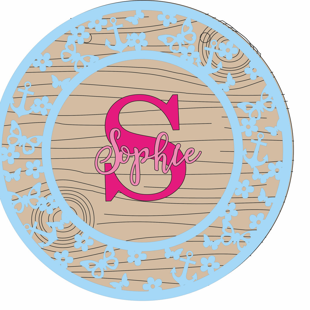 OL1207 -MDF Personalised Circle Plaque Frame - Anchor and Butterfly Theme - Olifantjie - Wooden - MDF - Lasercut - Blank - Craft - Kit - Mixed Media - UK