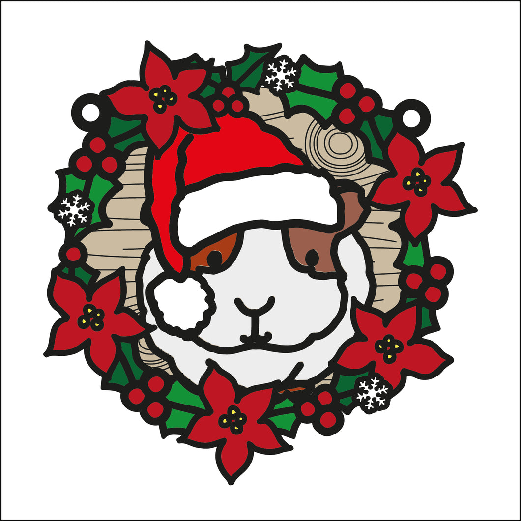 OL2748 - MDF Christmas Guinea pig doodle Large Holly Wreath Plaque - Olifantjie - Wooden - MDF - Lasercut - Blank - Craft - Kit - Mixed Media - UK