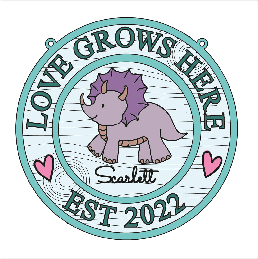 OL1632 - MDF Dinosaur personalised doodle Circle ‘love grows here’ est  date Plaque - Style 3 - Olifantjie - Wooden - MDF - Lasercut - Blank - Craft - Kit - Mixed Media - UK