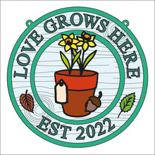 OL1652  - MDF Gardening Doodles Flower Pot Circle ‘love  grows here’ est date Plaque - Olifantjie - Wooden - MDF - Lasercut - Blank - Craft - Kit - Mixed Media - UK