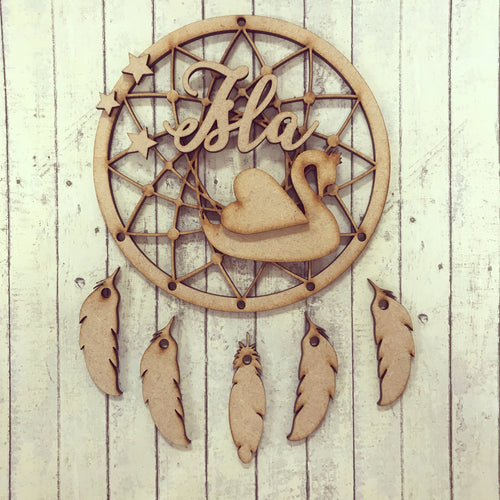 DC047 Swan Dream Catcher - with Initial, Initials, Name or Wording - Olifantjie - Wooden - MDF - Lasercut - Blank - Craft - Kit - Mixed Media - UK