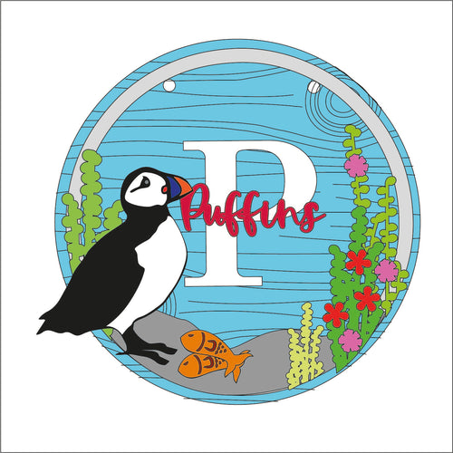 OL1403 - MDF Puffin wreath personalised with backing - Olifantjie - Wooden - MDF - Lasercut - Blank - Craft - Kit - Mixed Media - UK