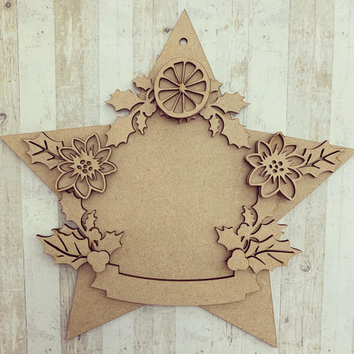 HS008 - MDF Hanging Star - Oranges, Cinnamon, Poinsettia & Holly - Choice of Star Shape - Olifantjie - Wooden - MDF - Lasercut - Blank - Craft - Kit - Mixed Media - UK