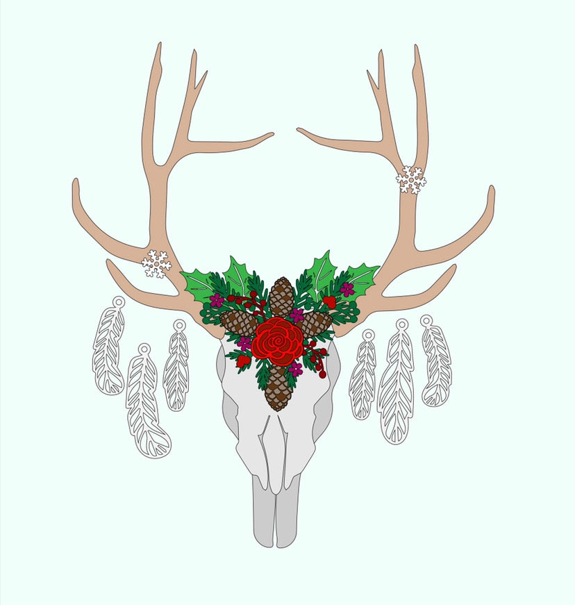 OL439 - MDF  Large Christmas Stag Skull and horns 46.5cm high - Winter Themed - Olifantjie - Wooden - MDF - Lasercut - Blank - Craft - Kit - Mixed Media - UK