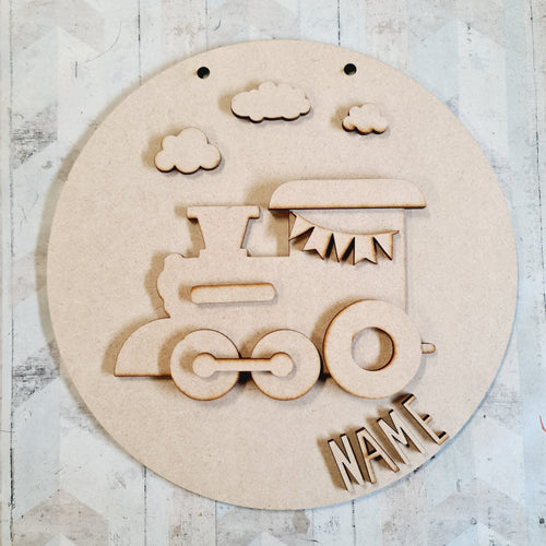 OL2951 MDF Train 1 Layered - Round Scene Personalised  Plaque with - Olifantjie - Wooden - MDF - Lasercut - Blank - Craft - Kit - Mixed Media - UK