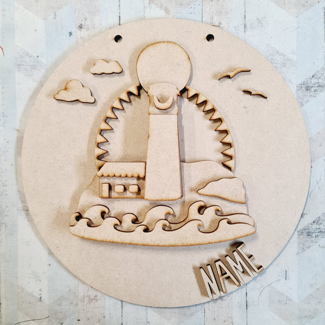 OL2944 MDF Light House Layered - Round Scene Personalised  Plaque with - Olifantjie - Wooden - MDF - Lasercut - Blank - Craft - Kit - Mixed Media - UK