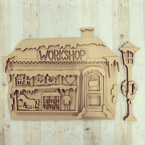 SJ226 -  MDF Sarah Jane Workshop /Toyshop House - Olifantjie - Wooden - MDF - Lasercut - Blank - Craft - Kit - Mixed Media - UK