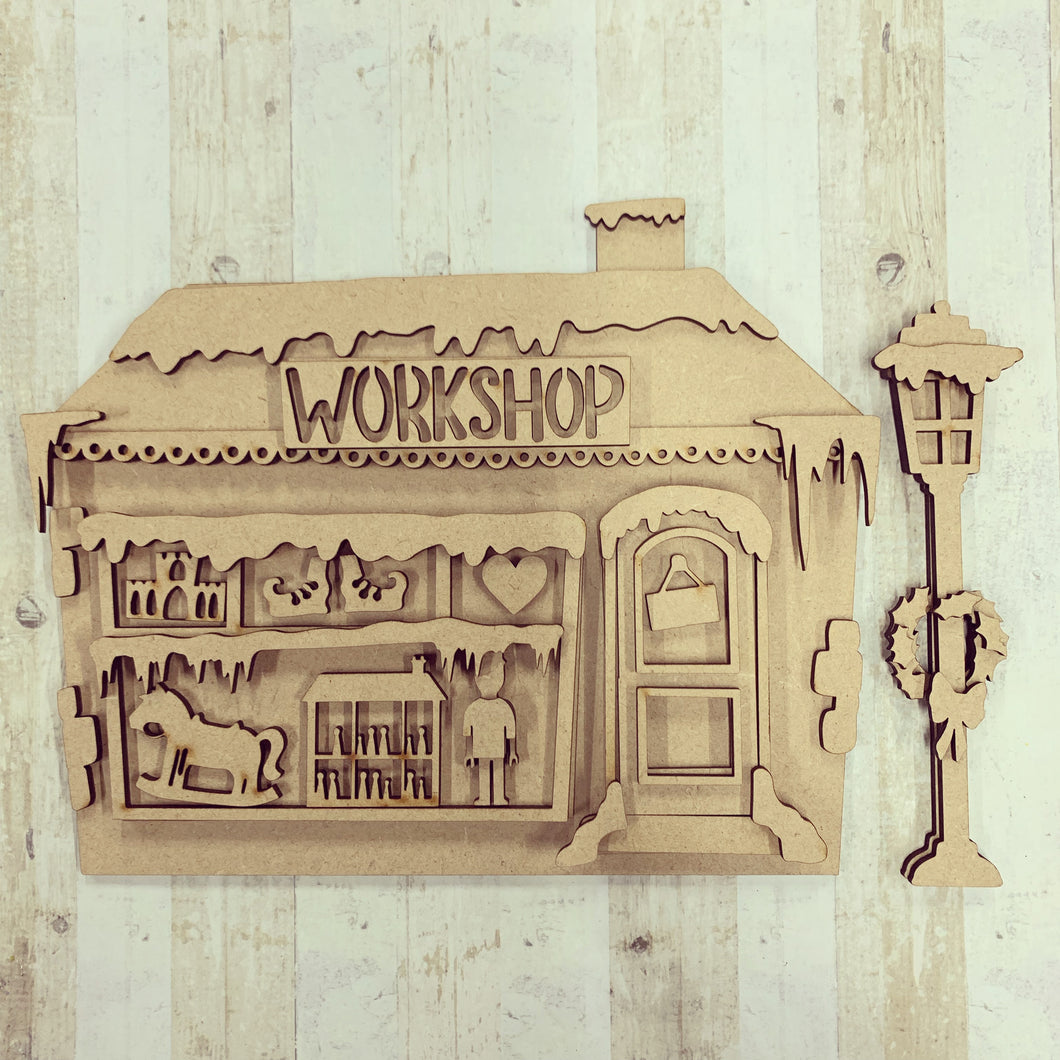 SJ226 -  MDF Sarah Jane Workshop /Toyshop House - Olifantjie - Wooden - MDF - Lasercut - Blank - Craft - Kit - Mixed Media - UK