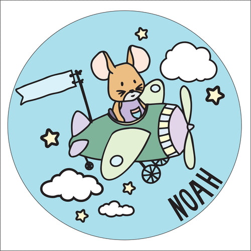 OL2875 - MDF Cute Animal  Doodles - Round  Scene Personalised Layered Plaque - Aeroplane Mouse - Olifantjie - Wooden - MDF - Lasercut - Blank - Craft - Kit - Mixed Media - UK