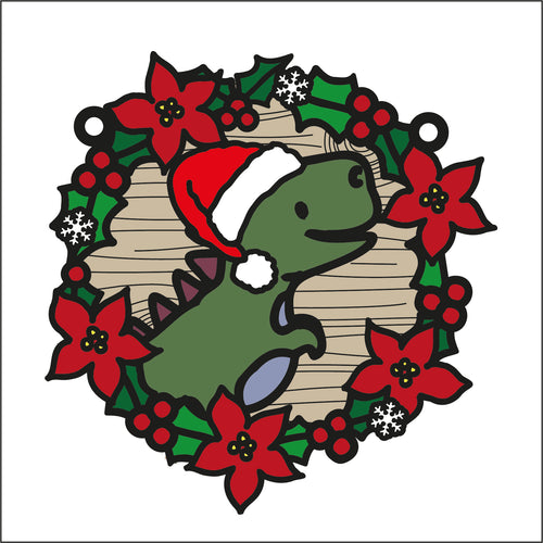 OL2747 - MDF Christmas Dinosaur doodle Large Holly Wreath Plaque - Olifantjie - Wooden - MDF - Lasercut - Blank - Craft - Kit - Mixed Media - UK