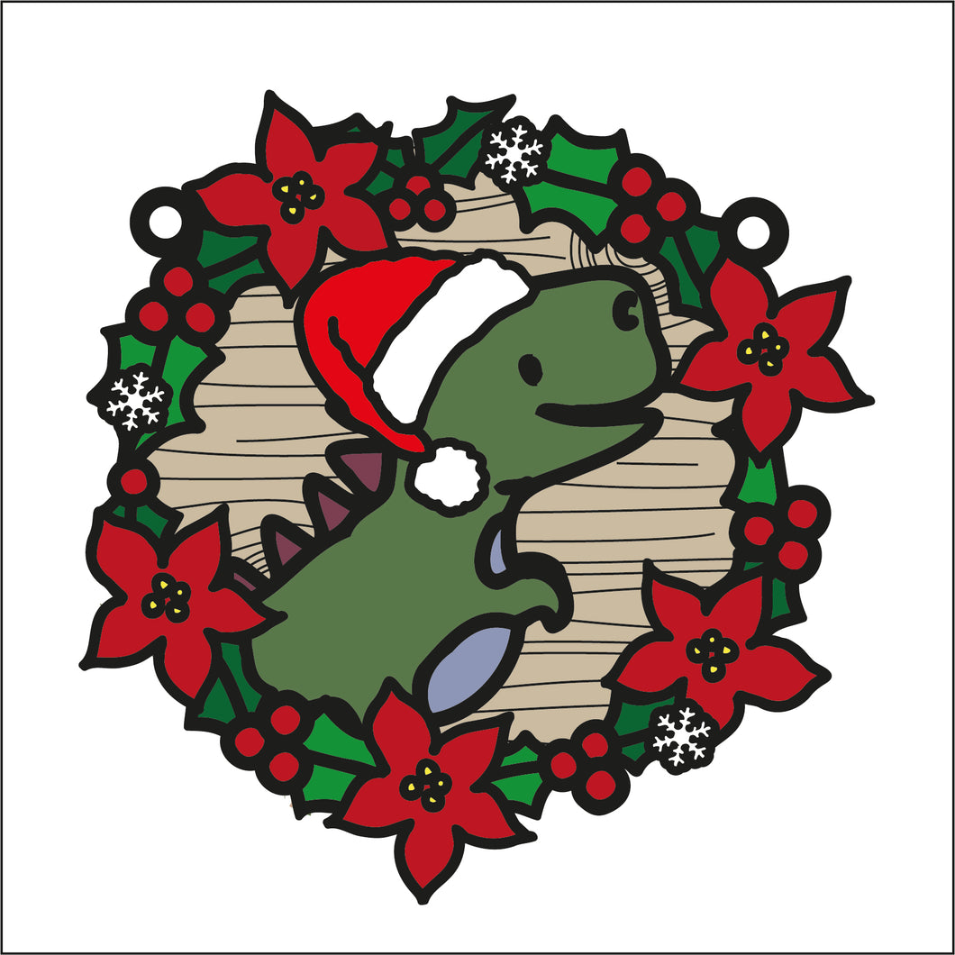 OL2747 - MDF Christmas Dinosaur doodle Large Holly Wreath Plaque - Olifantjie - Wooden - MDF - Lasercut - Blank - Craft - Kit - Mixed Media - UK