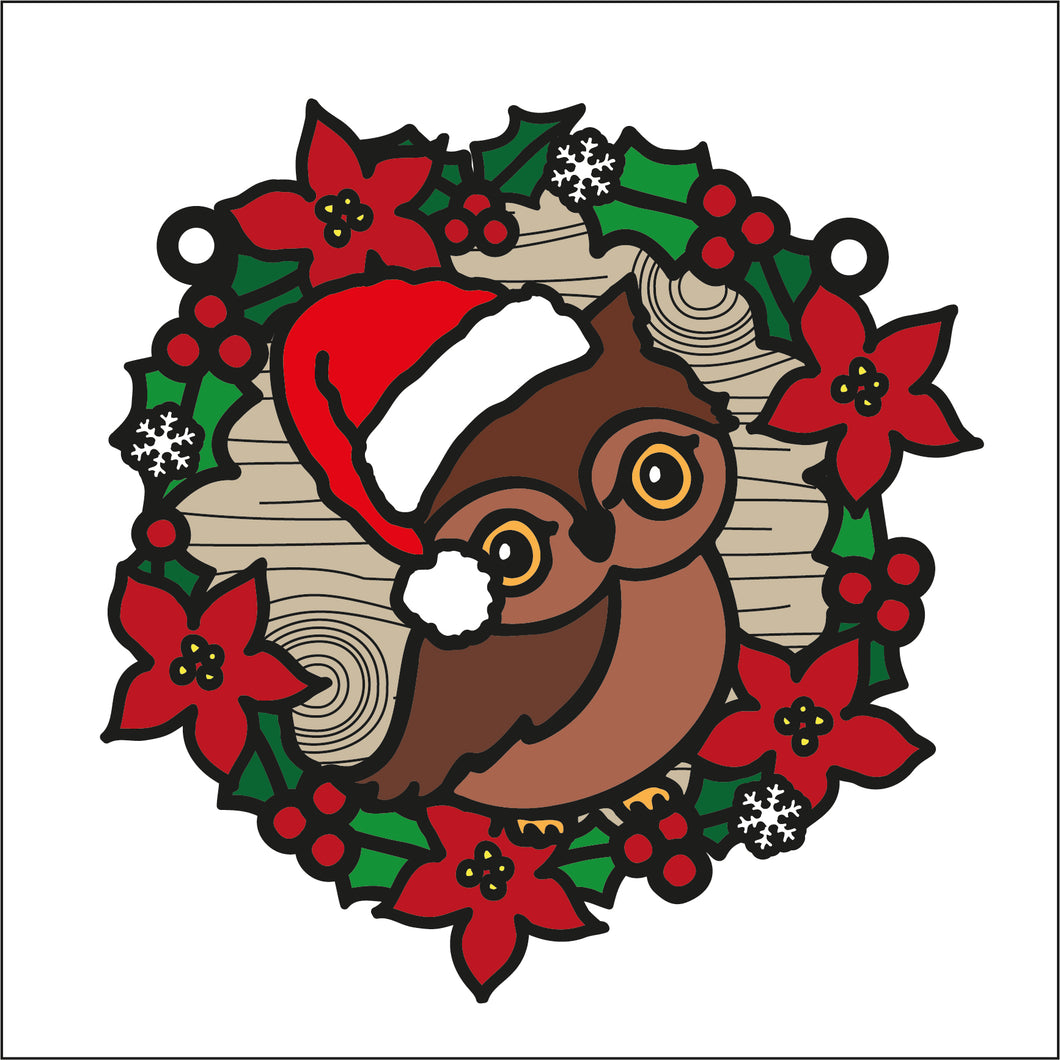 OL2741 - MDF Christmas Owl doodle Large Holly Wreath Plaque - Olifantjie - Wooden - MDF - Lasercut - Blank - Craft - Kit - Mixed Media - UK