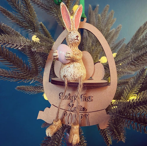 OL1155 - MDF 3d Easter Egg bauble with Ceramic Rabbit - Pink Egg - Eggs - Olifantjie - Wooden - MDF - Lasercut - Blank - Craft - Kit - Mixed Media - UK