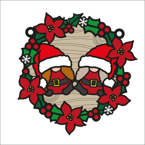 OL2713 - MDF Christmas Gonk Gnome doodle Large Holly Wreath Plaque - 2 Females - Olifantjie - Wooden - MDF - Lasercut - Blank - Craft - Kit - Mixed Media - UK