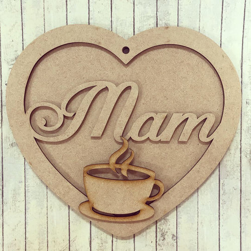 HB006 - MDF Hanging Heart - Coffee Tea Cup Themed with Choice of Wording - 2 Fonts - Olifantjie - Wooden - MDF - Lasercut - Blank - Craft - Kit - Mixed Media - UK