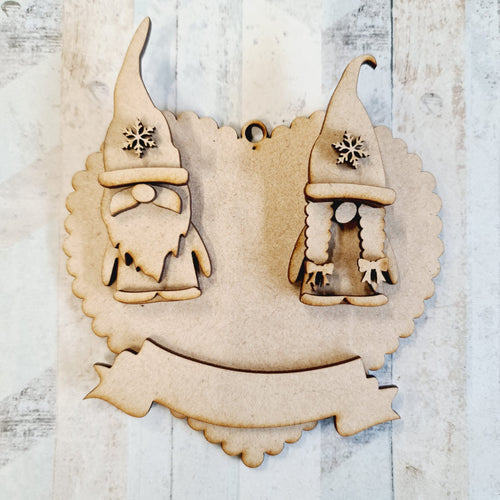 OL1124 - MDF Gnome Couple, Scallop Heart 10cm bauble - Olifantjie - Wooden - MDF - Lasercut - Blank - Craft - Kit - Mixed Media - UK