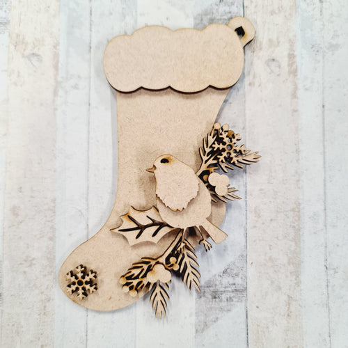 OL1025 - MDF Christmas Robin Themed Hanging Stocking Bauble - Olifantjie - Wooden - MDF - Lasercut - Blank - Craft - Kit - Mixed Media - UK