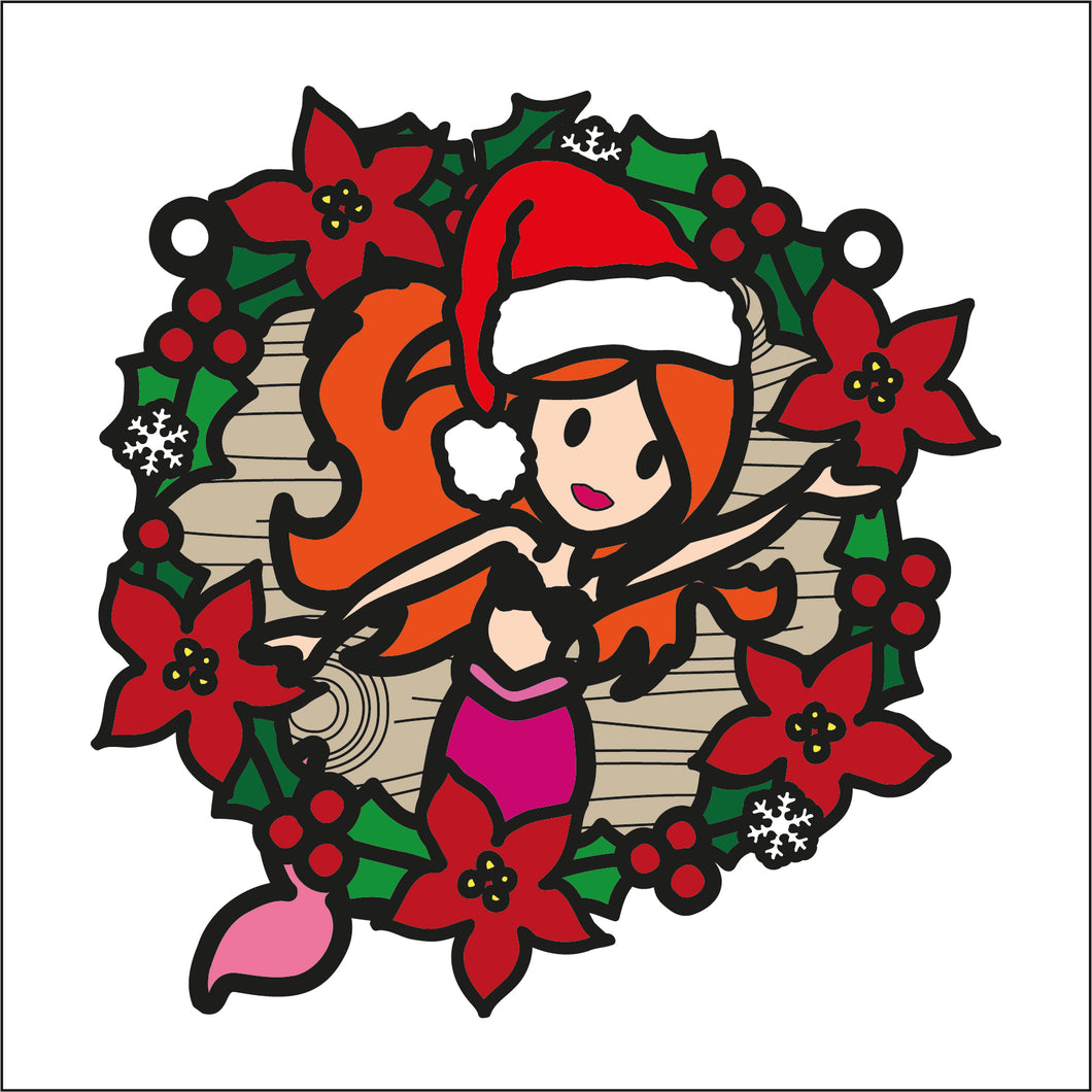 OL2738 - MDF Christmas Mermaid doodle Large Holly Wreath Plaque - Olifantjie - Wooden - MDF - Lasercut - Blank - Craft - Kit - Mixed Media - UK