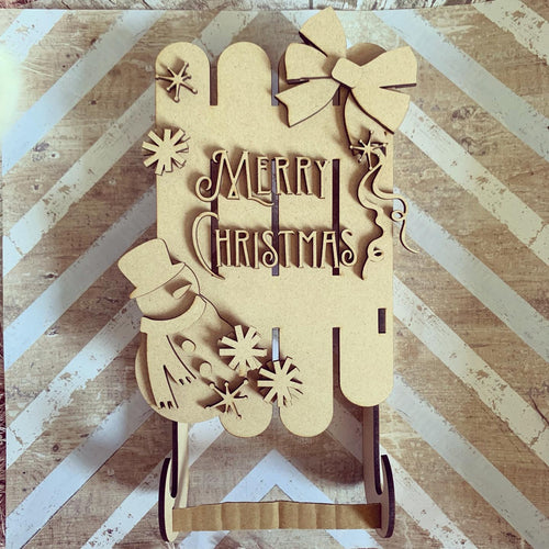 CH425 - MDF Large  25cm 3d Sleigh  - Snowman - Olifantjie - Wooden - MDF - Lasercut - Blank - Craft - Kit - Mixed Media - UK