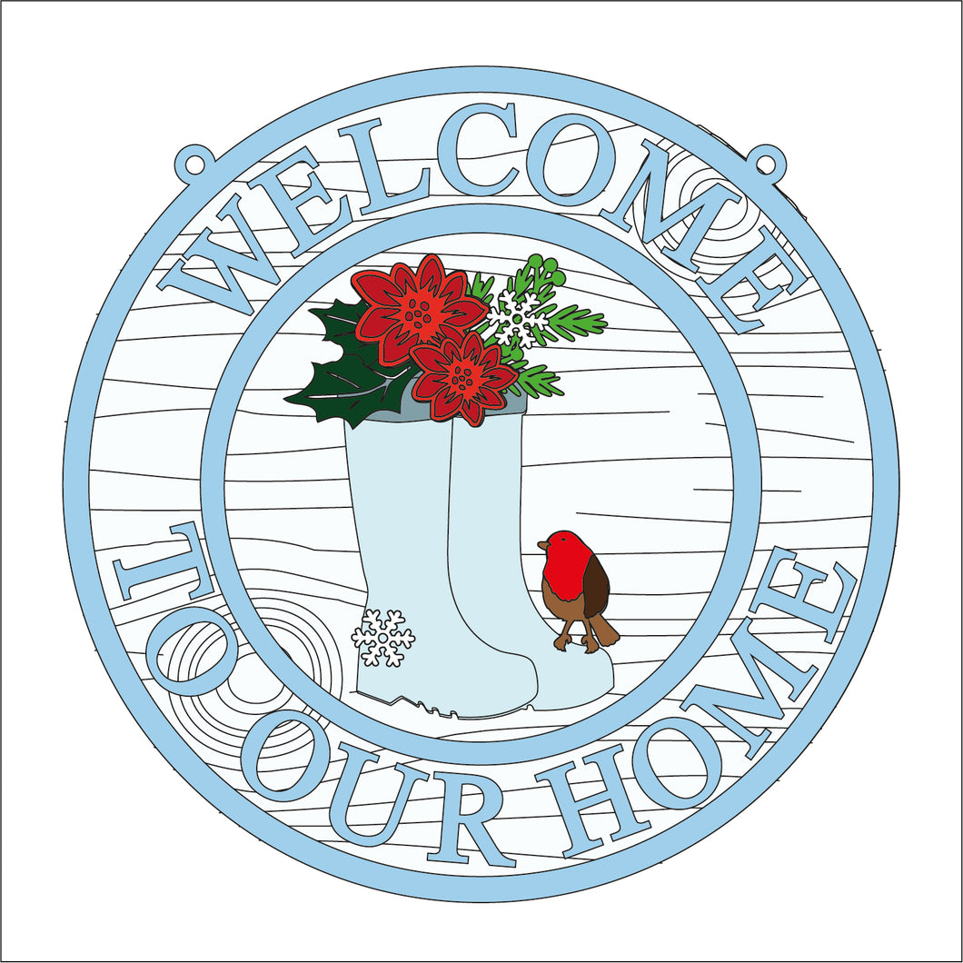 OL1646 - MDF Floral Wellies Circle ‘welcome to our home ’ Plaque - Poinsettia Flowers - Olifantjie - Wooden - MDF - Lasercut - Blank - Craft - Kit - Mixed Media - UK
