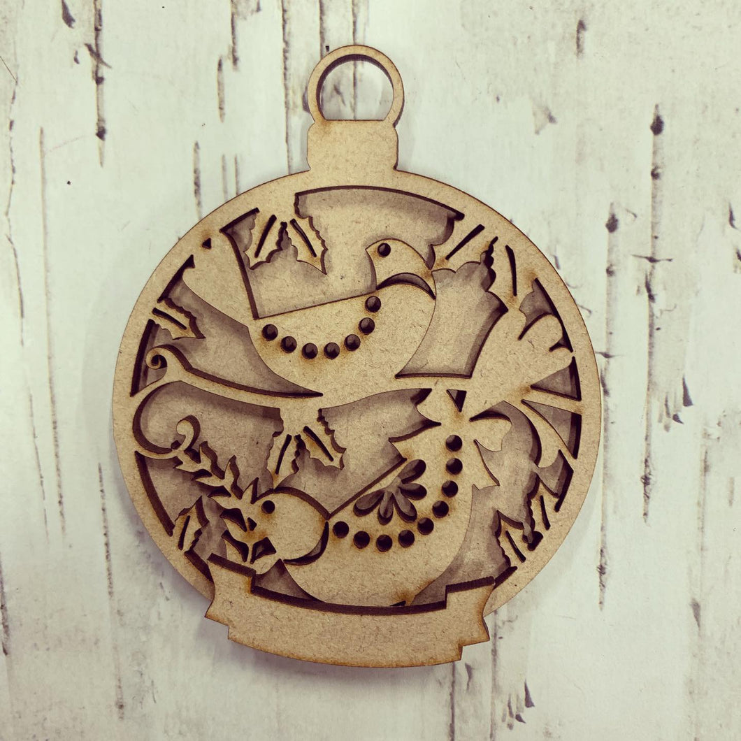 BD003 - Birds Christmas Bauble - with banner - Olifantjie - Wooden - MDF - Lasercut - Blank - Craft - Kit - Mixed Media - UK