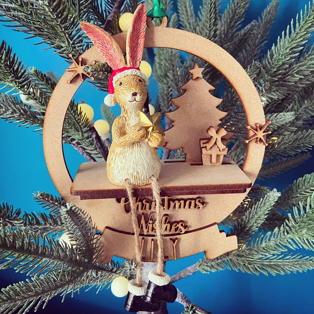 OL1152 - MDF 3d Christmas bauble with Ceramic Rabbit - Santa Hat - Christmas Tree - Olifantjie - Wooden - MDF - Lasercut - Blank - Craft - Kit - Mixed Media - UK