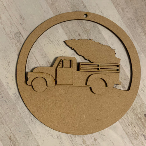 CH213 - MDF Truck with Tree Christmas Circle Bauble - Olifantjie - Wooden - MDF - Lasercut - Blank - Craft - Kit - Mixed Media - UK