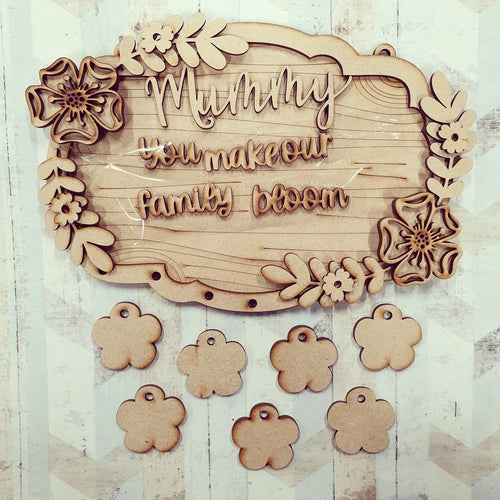 OL604 - MDF Personalised ‘ ..... makes our family bloom hanging plaque - Olifantjie - Wooden - MDF - Lasercut - Blank - Craft - Kit - Mixed Media - UK