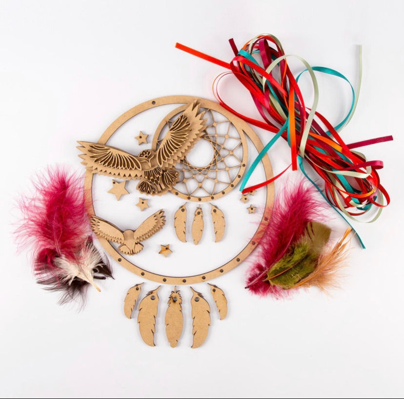 HC066 -  MDF Large Owl Dreamcatcher with feathers and ribbon - Olifantjie - Wooden - MDF - Lasercut - Blank - Craft - Kit - Mixed Media - UK