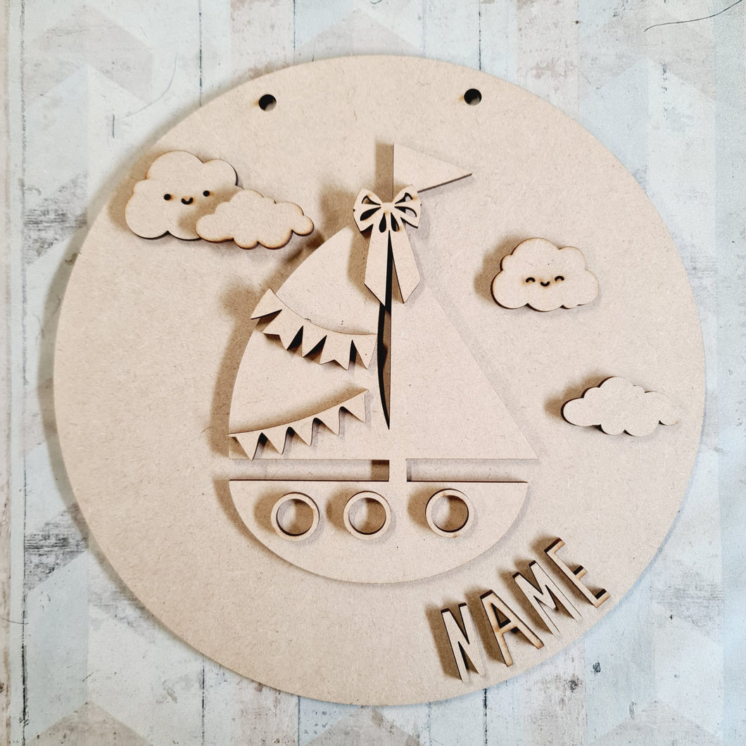 OL2949 MDF Sailboat 2 Layered - Round Scene Personalised  Plaque with - Olifantjie - Wooden - MDF - Lasercut - Blank - Craft - Kit - Mixed Media - UK