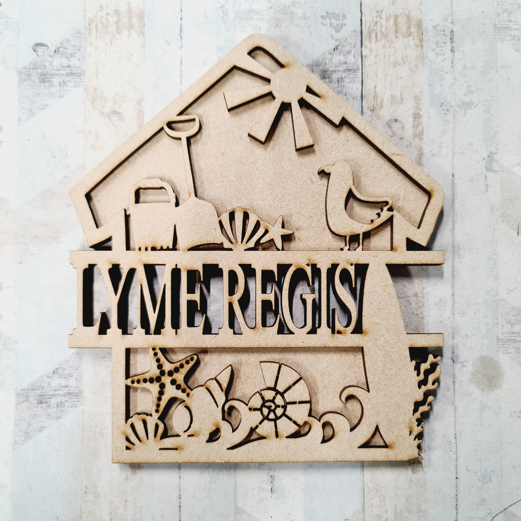 SL091 - MDF Beach Hut - Style 2 shells, fossils and  seagulls with swimmer Themed Split Layered Personalised Plaque - Olifantjie - Wooden - MDF - Lasercut - Blank - Craft - Kit - Mixed Media - UK