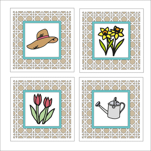 OL1654 - MDF set 4 rattan effect plaques with doodle gardening items - set 1 - Olifantjie - Wooden - MDF - Lasercut - Blank - Craft - Kit - Mixed Media - UK