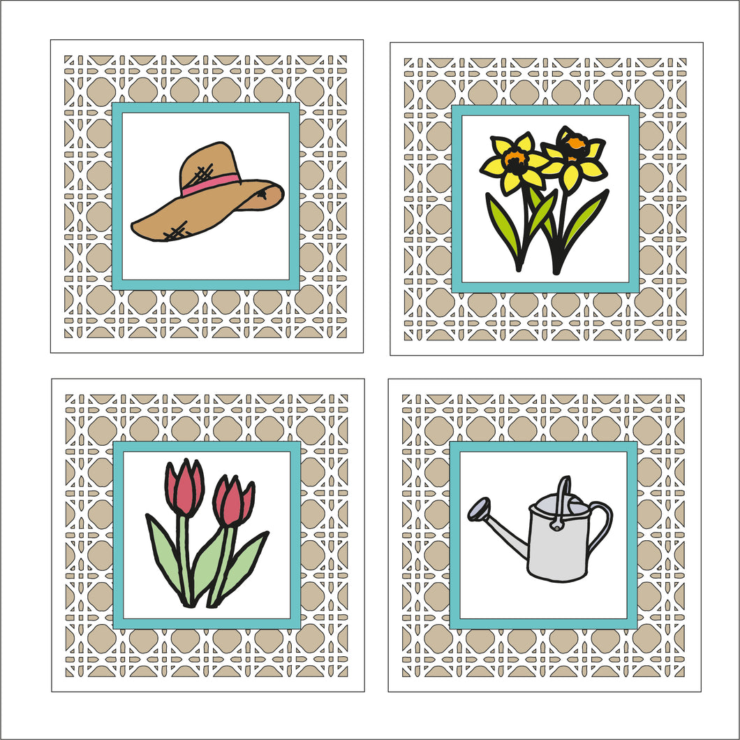 OL1654 - MDF set 4 rattan effect plaques with doodle gardening items - set 1 - Olifantjie - Wooden - MDF - Lasercut - Blank - Craft - Kit - Mixed Media - UK