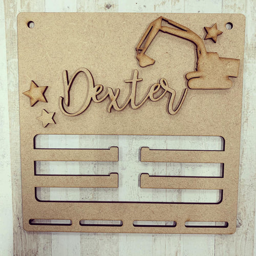 BH024 - MDF Digger Themed - Medal / Bow Holder - Personalised & Choice of Shape - Olifantjie - Wooden - MDF - Lasercut - Blank - Craft - Kit - Mixed Media - UK