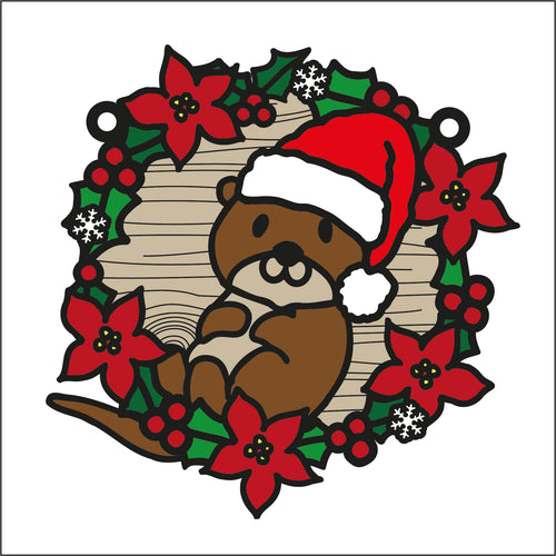 OL2740 - MDF Christmas Otter doodle Large Holly Wreath Plaque - Olifantjie - Wooden - MDF - Lasercut - Blank - Craft - Kit - Mixed Media - UK