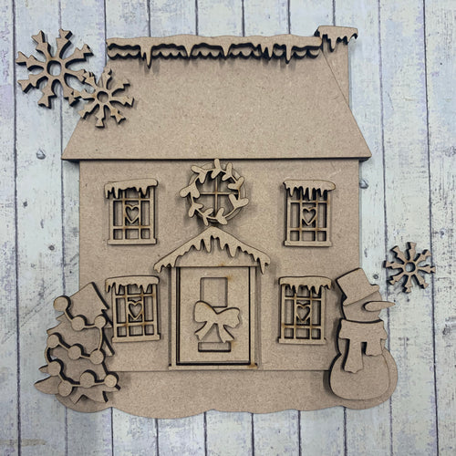 SJ224 -  MDF Sarah Jane Square Christmas Flat House - Olifantjie - Wooden - MDF - Lasercut - Blank - Craft - Kit - Mixed Media - UK